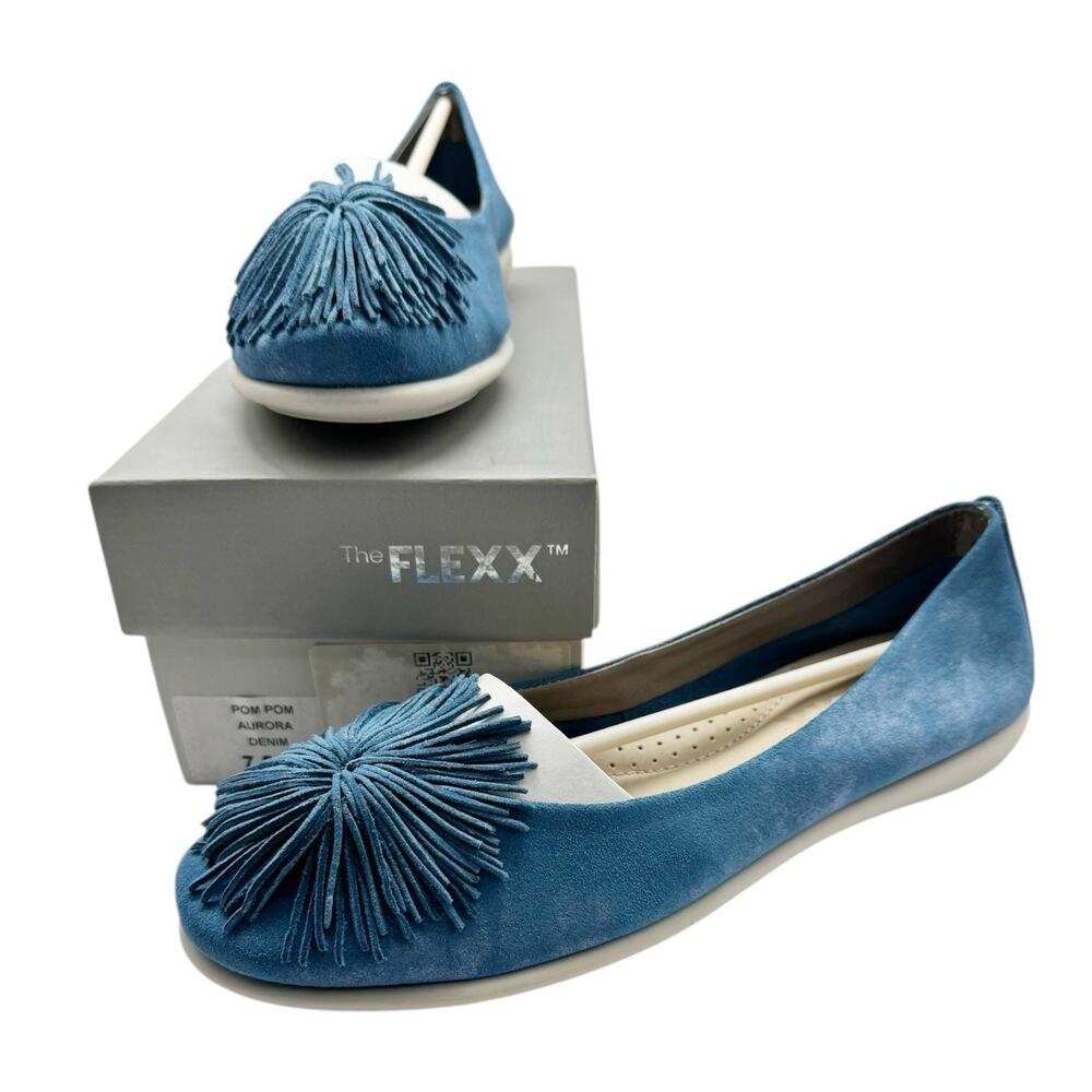 NWB The Flexx Aurora Pom Pom Blue Denim Leather Slip On Flats Womens Size 7.5 M